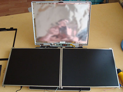 Ноутбук ASUS-M3 и два LCD экрана. "Старый" треснувший и "новый", извлеченный из ноутбука-донора