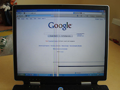 Вид сайта Google.com на поврежденном экране ноутбука ASUS M3. Здесь еще что-то можно рассмотреть.