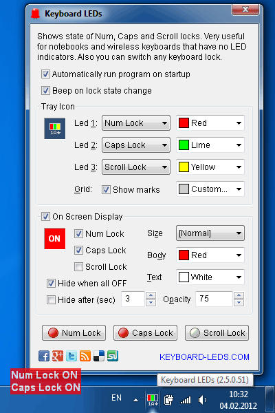 Screenshot of Keyboard Leds program to see current state of Caps Lock, Num Lock, and Scroll Lock